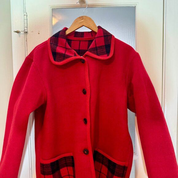 🧥 Vintage Reversible 100% Wool Plaid Jacket | Red Buffalo Check / Solid Red | M - Picture 3 of 5